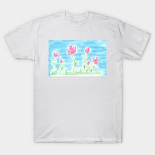 Beautiful watercolor painted pink flowers on a blue background T-Shirt